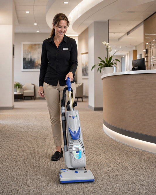 Commercial cleaning staff member using the Lindhaus RX HEPA Eco Force 380E upright vacuum on carpet in an office building lobby