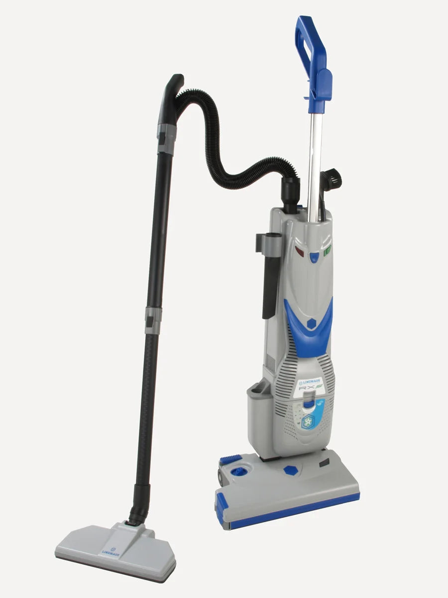 Lindhaus RX HEPA Eco Force 380E commercial upright vacuum with hose and floor tool extended for above-floor cleaning