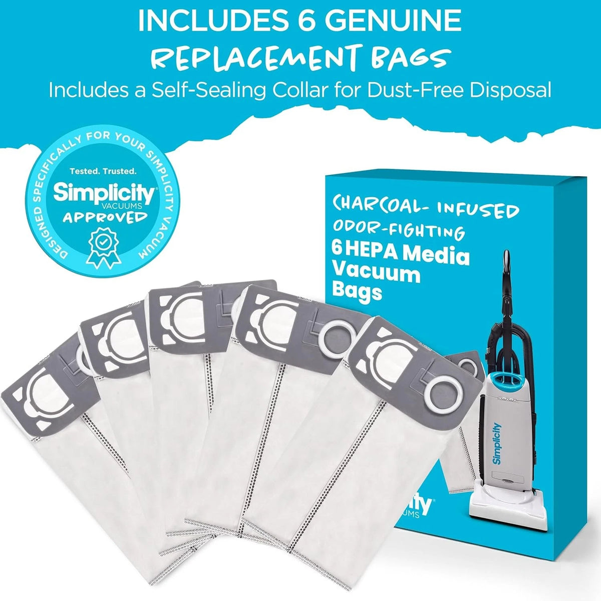 Simplicity Charcoal-Infused HEPA Vacuum Bags for S26 Allergy Upright Premium – S26HC-6 (6 Pack)
