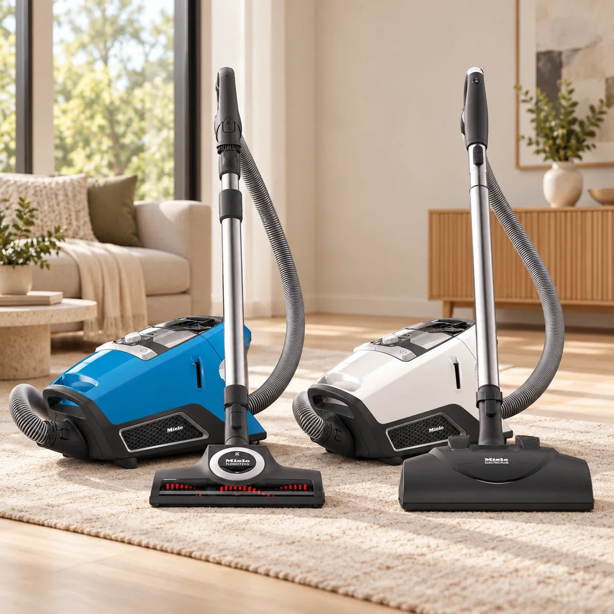 Two Miele bagless canister vacuums with power nozzles on a living room rug
