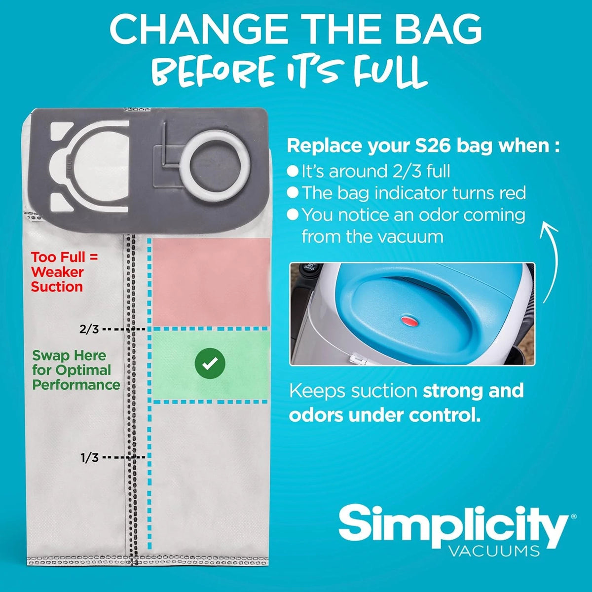 Simplicity Charcoal-Infused HEPA Vacuum Bags for S26 Allergy Upright Premium – S26HC-6 (6 Pack)