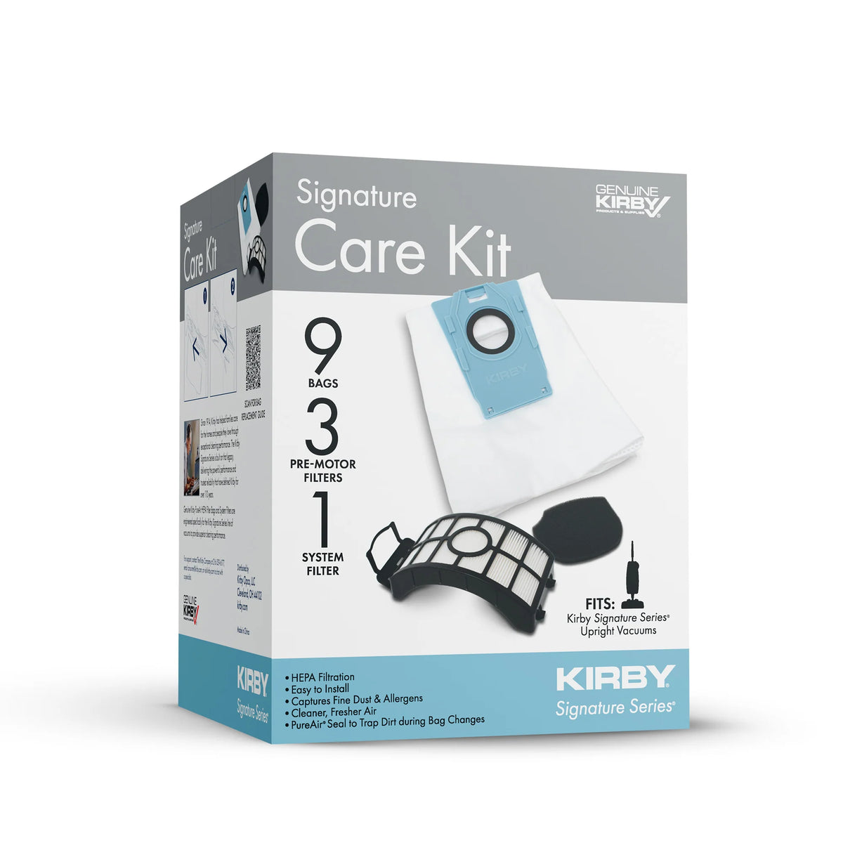 Genuine Kirby Signature Care Kit box containing 9 HEPA filter bags, 3 pre-motor filters and 1 system filter for Kirby Signature Series upright vacuums