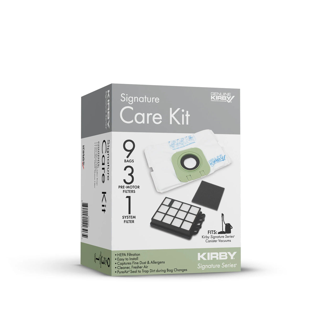 Genuine Kirby Signature Care Kit box containing 9 HEPA filter bags, 3 pre-motor filters and 1 system filter for Kirby Signature Series canister vacuums