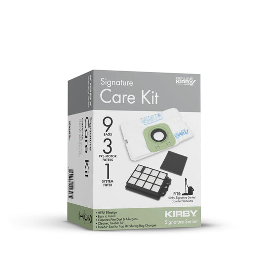 Genuine Kirby Signature Care Kit box containing 9 HEPA filter bags, 3 pre-motor filters and 1 system filter for Kirby Signature Series canister vacuums