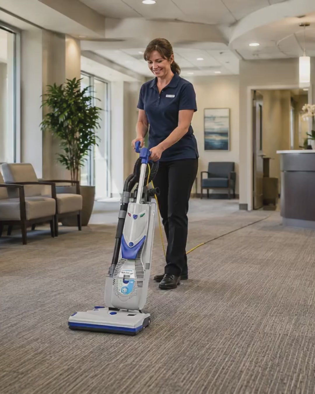 Video of a janitorial staff member using the Lindhaus RX HEPA Eco Force 380E commercial upright vacuum in an office lobby