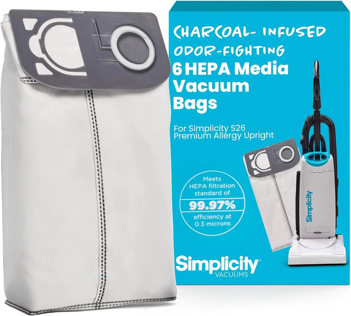 Simplicity charcoal-infused HEPA media vacuum bags, six pack for the S26 Premium Allergy upright, rated 99.97 percent filtration