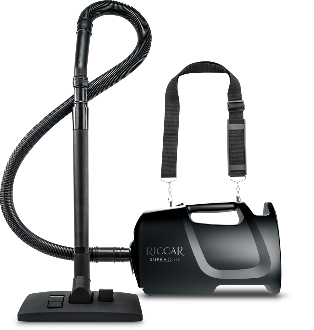 Riccar SupraQuik portable canister vacuum with crush-proof hose, wand, floor tool and adjustable shoulder strap