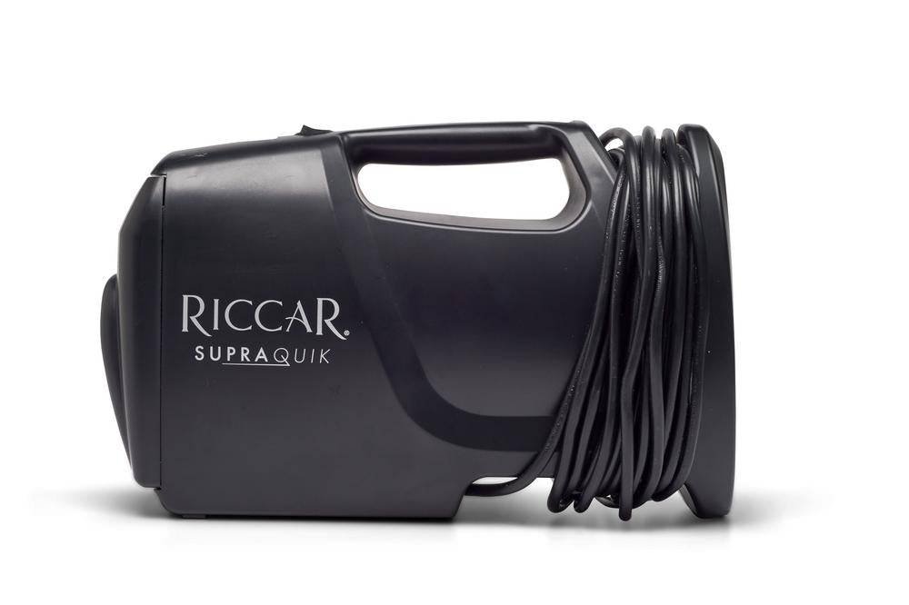 Riccar SupraQuik canister with the 25-foot power cord wrapped around the integrated cord wrap